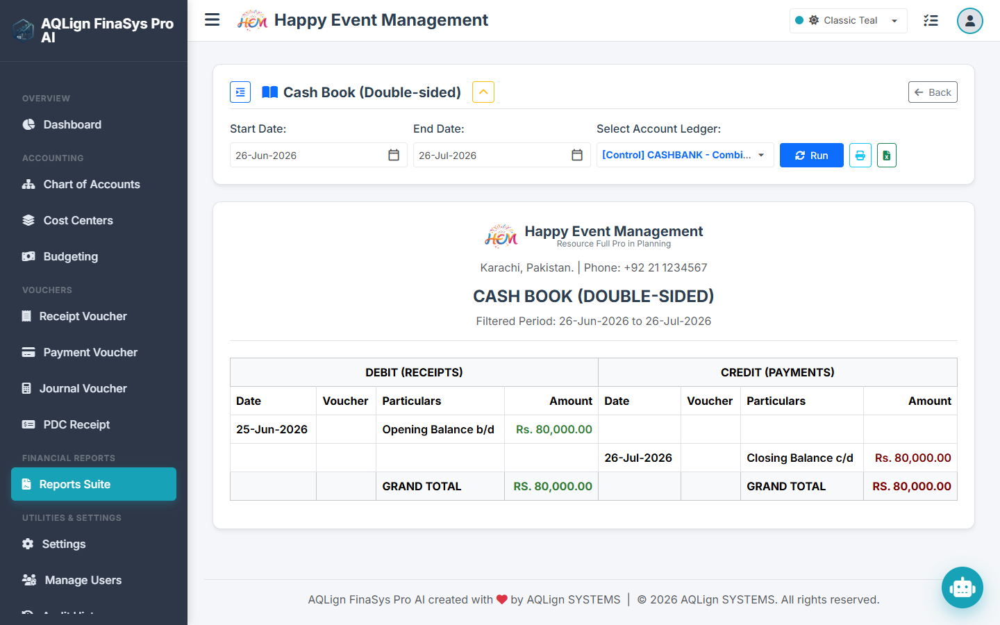 Cash Book Register Screen