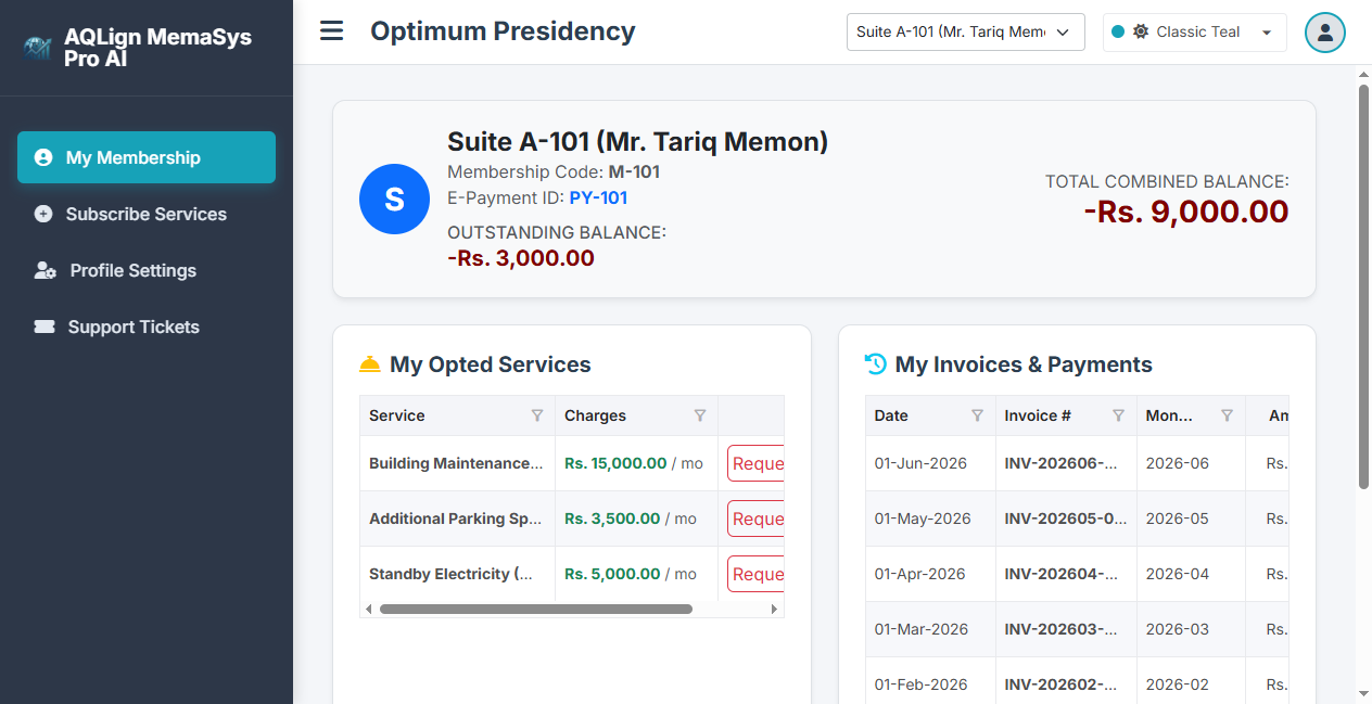 Member Portal Dashboard Screen