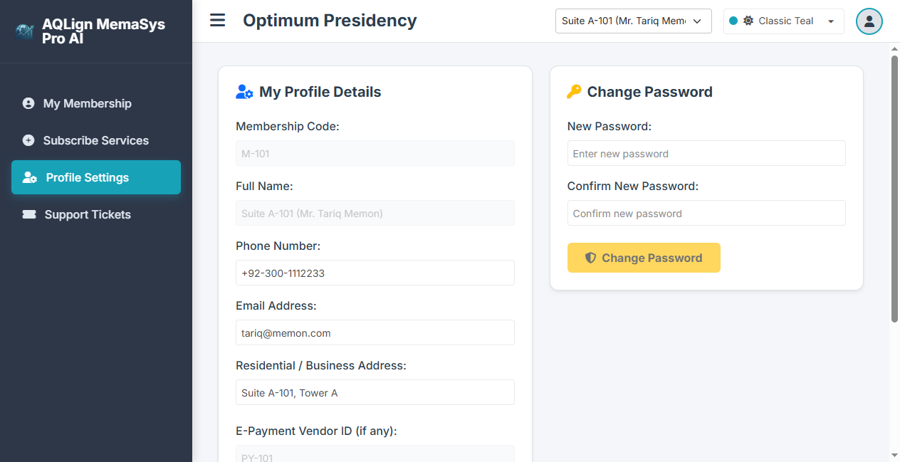 Member Profile Settings Screen