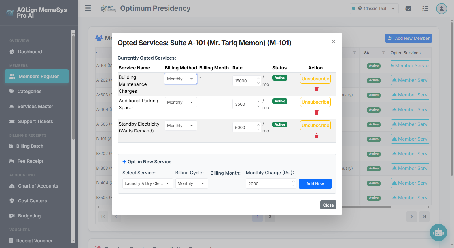 Member Opted Services Modal