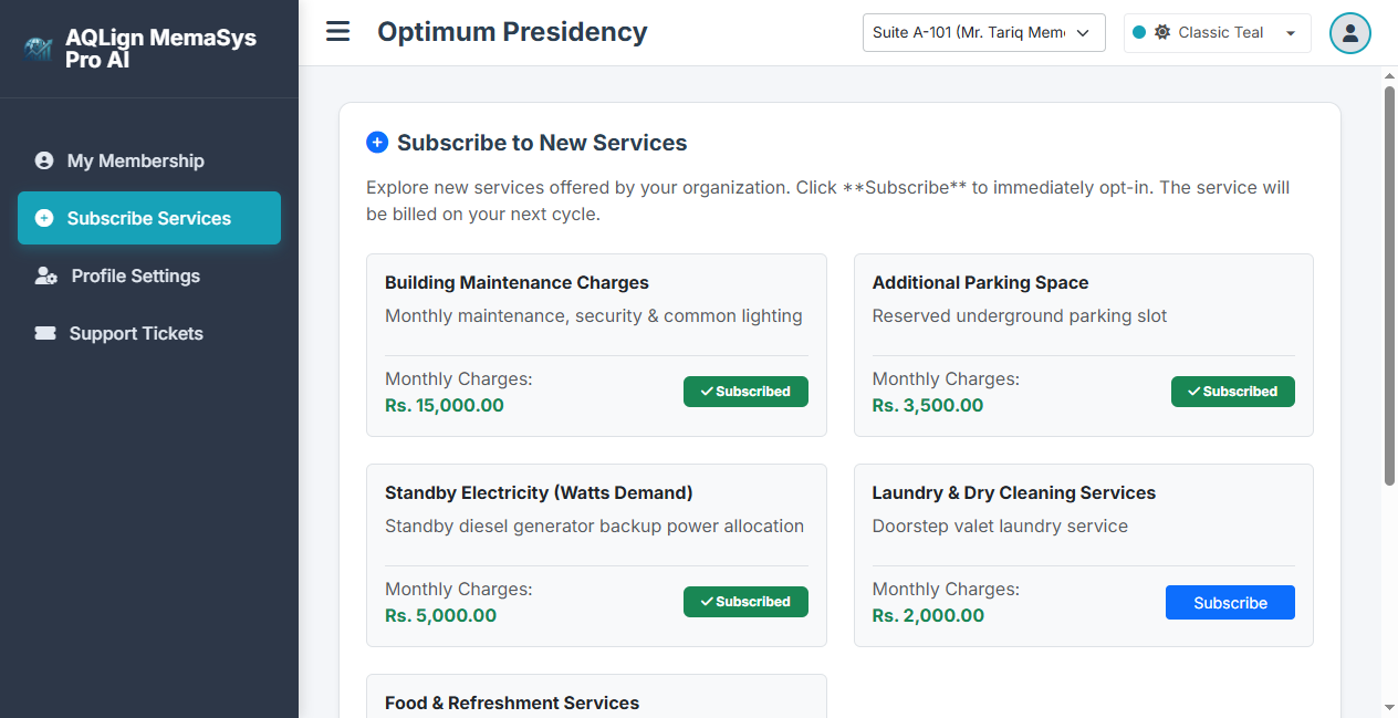 Member Service Subscriptions Screen