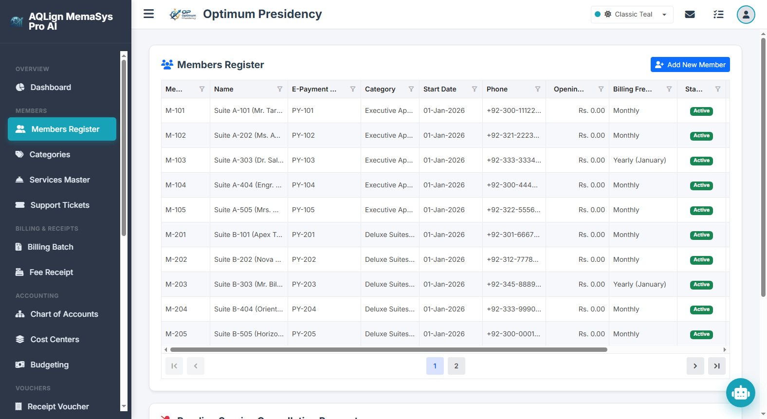 Member Profiles Registry & Opted Services Configuration Screenshot