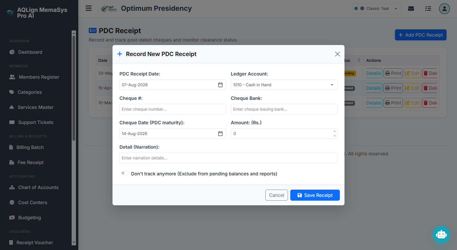 PDC Receipt Entry Modal Screen
