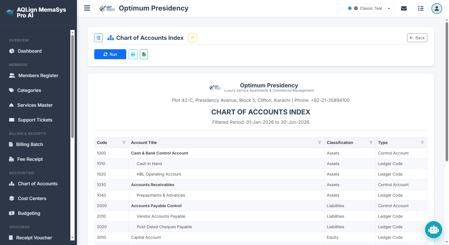 Chart of Accounts Index Report