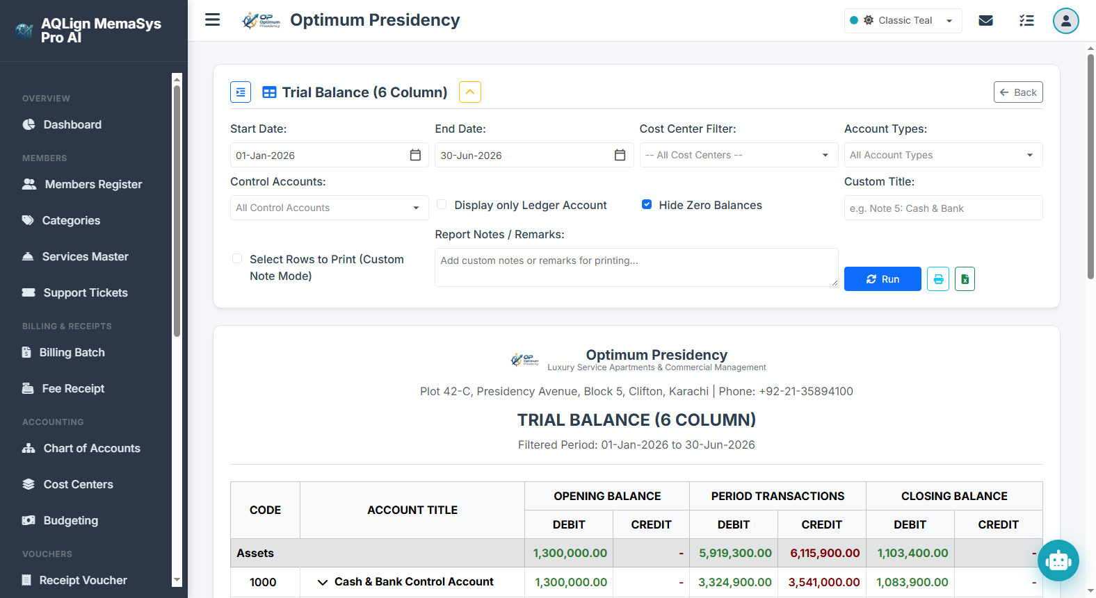 Trial Balance (6 Column) Report